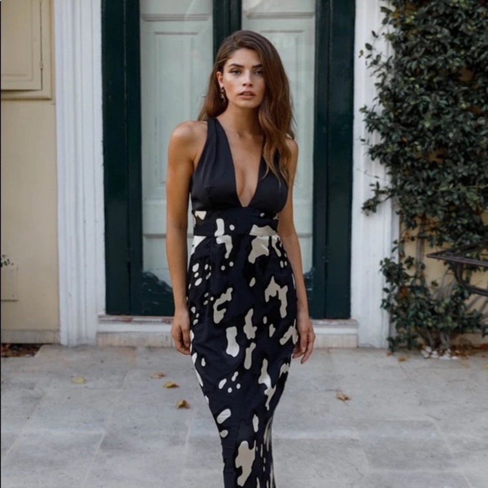 NWT Sau Lee Nadia Satin Devore Ivory Black Dress